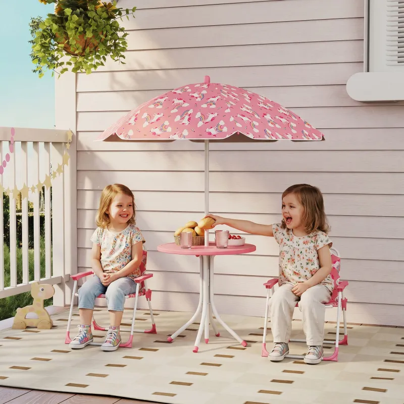 Conjunto de Mesa y Sillas Infantil de Jardín de 4 Piezas Sillas Plegables Sombrilla Desmontable Diseño Unicornio... - Ogal.Es