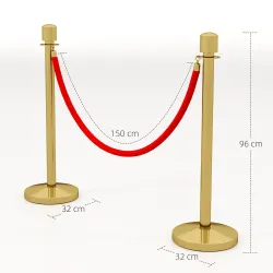Juego de 2 Postes Separadores de Acero Inoxidable con Cuerda de Terciopelo Roja de 1,5 m y Base Rellenable Dorado - Ogal.Es