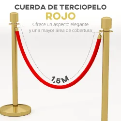 Juego de 2 Postes Separadores de Acero Inoxidable con Cuerda de Terciopelo Roja de 1,5 m y Base Rellenable Dorado - Ogal.Es