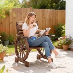 Silla de Jardín de Madera con Brazos de Rueda de Carreta Asiento Ancho con Listones y Respaldo Inclinado Carboni... - Ogal.Es