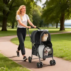 Carrito Doble para Perros Gatos Plegable con 2 Transportines Extraíbles con Cinturón y Cojines 79x53x98 cm Gris ... - Ogal.Es