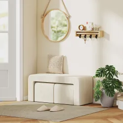 Juego de 3 Bancos Zapateros Grande y 2 Pequeños Modernos de Pana Diseño Compacto Mesa Auxiliar 104x44x48 cm Crema - Ogal.Es