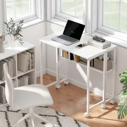Escritorio Plegable con Ruedas Balda y Bolsillo de Almacenaje Ideal para Espacios Pequeños 80x50x75 cm Blanco - Ogal.Es