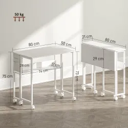 Escritorio Plegable con Ruedas Balda y Bolsillo de Almacenaje Ideal para Espacios Pequeños 80x50x75 cm Blanco - Ogal.Es