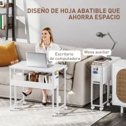 Escritorio Plegable con Ruedas Balda y Bolsillo de Almacenaje Ideal para Espacios Pequeños 80x50x75 cm Blanco - Ogal.Es