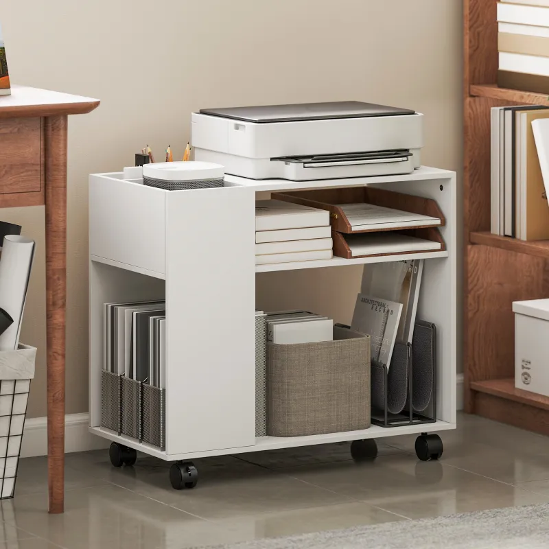 Mueble para Impresora con Ruedas Compartimentos Superiores Estantes Abiertos 70x36x60 cm Blanco - Ogal.Es