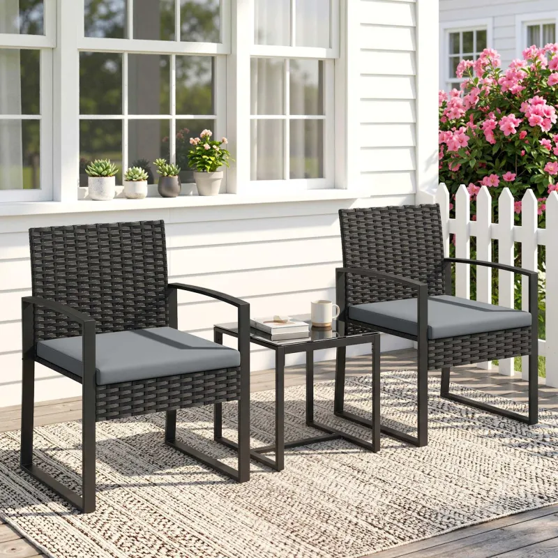 Conjunto de Muebles de Jardín de Ratán Sintético con 2 Sillas con Cojines Extraíbles y Mesa con Tablero de Vidri... - Ogal.Es