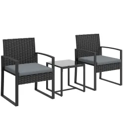 Conjunto de Muebles de Jardín de Ratán Sintético con 2 Sillas con Cojines Extraíbles y Mesa con Tablero de Vidri... - Ogal.Es
