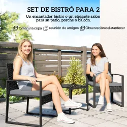 Conjunto de Muebles de Jardín de Ratán Sintético con 2 Sillas con Cojines Extraíbles y Mesa con Tablero de Vidri... - Ogal.Es
