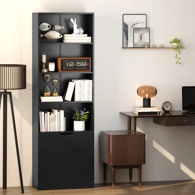 Estantería para Libros de 6 Niveles Librería con Puertas 4 Estantes Abiertos para Salón Estudio 59x29x180 cm Negro - Ogal.Es