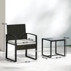 Conjunto de Muebles de Jardín de Ratán Sintético con 2 Sillas con Cojines Extraíbles y Mesa con Tablero de Vidri... - Ogal.Es