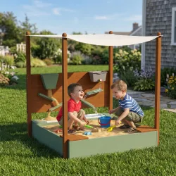 Arenero para Niños de Madera con Techo Arenero Infantil con 2 Asientos 2 Cajas Grifo Embudo 116x112,5x128 cm Verde - Ogal.Es