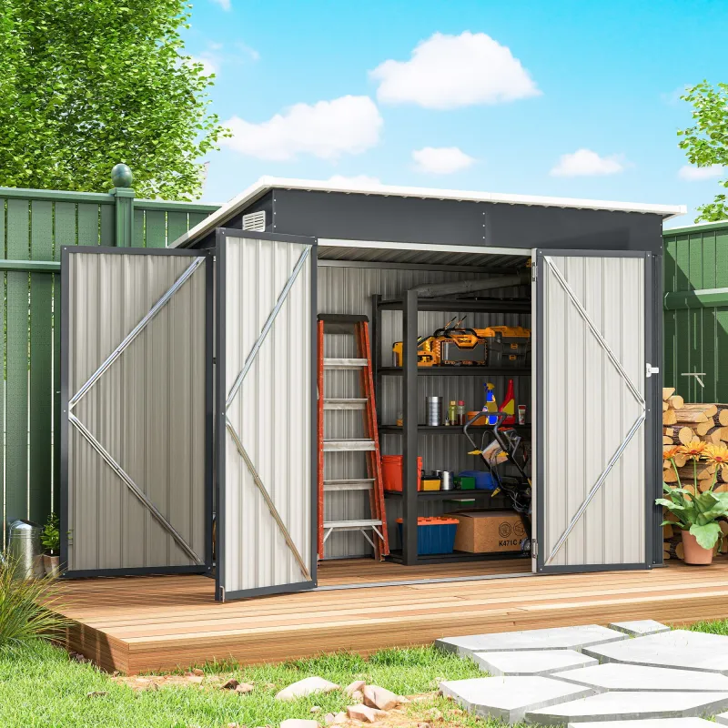 Cobertizo de Jardín Exterior 2,7 m² 234x132x185 cm con Triple Puerta Cerradura y Ranuras de Ventilación Gris - Ogal.Es