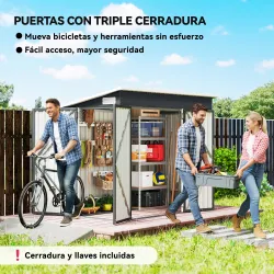 Cobertizo de Jardín Exterior 2,7 m² 234x132x185 cm con Triple Puerta Cerradura y Ranuras de Ventilación Gris - Ogal.Es