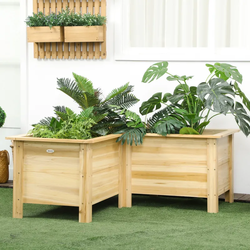 Jardinera Elevada de Madera Macetero Exterior en Forma de L con Tela no Tejido Huerto Urbano 120x120x50 cm Natural - Ogal.Es