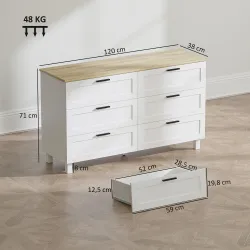 Cómoda Dormitorio con 6 Cajones Patas de Madera para Salón Oficina 120x38x71 cm Blanco - Ogal.Es