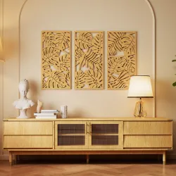Decoración de Pared de Madera 3D 3 Piezas 40x80 cm Adornos de Pared con Patrón de Hojas Tropicales Madera Natural - Ogal.Es