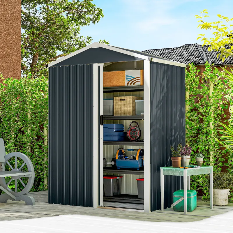 Cobertizo de Jardín Exterior 1,1 m² 136x87x176 cm con Puerta Corredera Techo Inclinado y Guantes Gris Oscuro - Ogal.Es