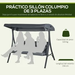 Balancín de Jardín Exterior Columpio de 3 Plazas con Toldo Ajustable y Marco de Acero 202x115x168 cm Gris Oscuro - Ogal.Es