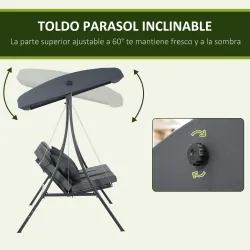 Balancín de Jardín Exterior Columpio de 3 Plazas con Toldo Ajustable y Marco de Acero 202x115x168 cm Gris Oscuro - Ogal.Es