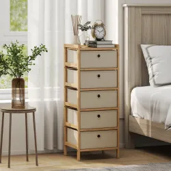 Cómoda con 5 Cajones de Tela Estructura de Bambú Cajonera para Espacios Pequeños Crema y Natural - Ogal.Es