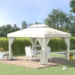 Cenador de Jardín 4x3m Pabellón de Jardín Gazebo con Doble Techo Estructura de Aluminio UPF50+ para Exterior Crema - Ogal.Es