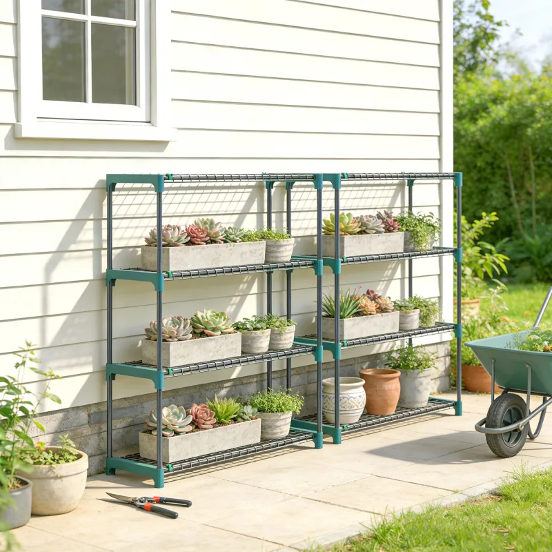 Juego de 2 Soportes para Plantas de 4 Niveles Interior y Exterior Estantes Metálicos con Conectores Fácil Montaj... - Ogal.Es