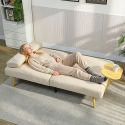 Sofá Cama de 3 Plazas con Mesa Auxiliar 3 en 1 con Respaldo Ajustable Apertura Clik-Clak 196x86x81 cm Beige - Ogal.Es