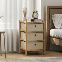 Cómoda con 3 Cajones de Tela Estructura de Bambú Cajonera para Espacios Pequeños Crema y Natural - Ogal.Es