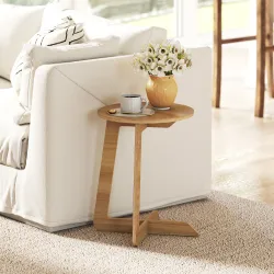 Mesa Auxiliar en Forma de C Mesita Auxiliar Redonda Montaje Rápido para Espacios Pequeños Salón Dormitorio Natural - Ogal.Es