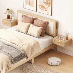 Juego de 2 Mesitas de Noche Flotantes con Cajón de Ratán Ahorra Espacio Diseño Moderno 40x30x15 cm Natural - Ogal.Es