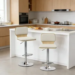 Juego de 2 Taburetes Altos de Cocina Giratorios en 360° Regulables en Altura de 81-102 cm Tapizados en Lino Beige - Ogal.Es