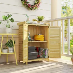 Cobertizo de Jardín Exterior de Madera con Techo de Metal y Ganchos para Almacenaje Herramientas 71,5x39x95 cm N... - Ogal.Es