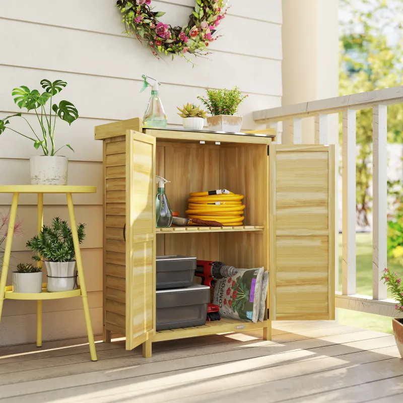 Cobertizo de Jardín Exterior de Madera con Techo de Metal y Ganchos para Almacenaje Herramientas 71,5x39x95 cm N... - Ogal.Es