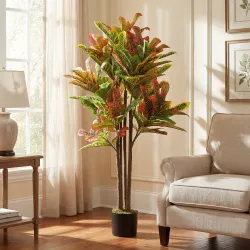Crotón Artificial 120 cm Planta Artificial Decorativa con Maceta y Hojas para Decoración del Interior Multicolor - Ogal.Es