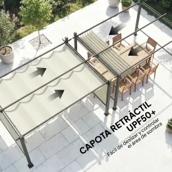 Pérgola de Jardín 4x3 m con Cortinas Enrollables Automáticas y Techo Retráctil Cenador de Jardín con UPF50+ Crema - Ogal.Es