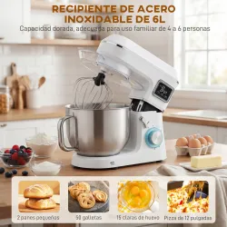Batidora Amasadora 6L 1400W con Cabezal Inclinable 6 Velocidades Función de Fermentación Pantalla LED Blanco - Ogal.Es