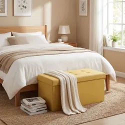 Puff Almacenaje, Banco Almacenaje Plegable 84 L 76x38x38 cm Tapizado en Lino Sintético Amarillo - Ogal.Es