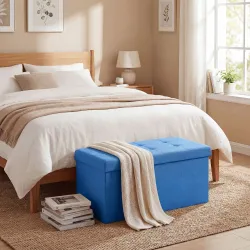 Puff Almacenaje, Banco Almacenaje Plegable 84 L 76x38x38 cm Tapizado en Lino Sintético Azul Claro - Ogal.Es