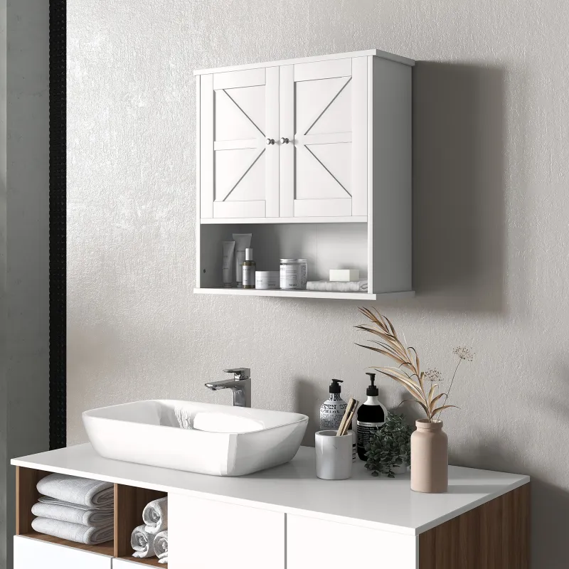 Armario de Baño de Pared Mueble de Baño Colgar Rústico con Compartimento Estante Ajustable 2 Puertas Blanco - Ogal.Es