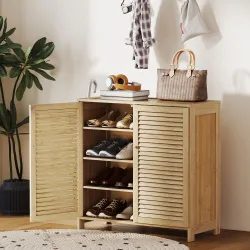 Armario para Zapatos de Bambú con Puertas de Persiana Capacidad para 14 Pares Estantes Ajustables Natural - Ogal.Es