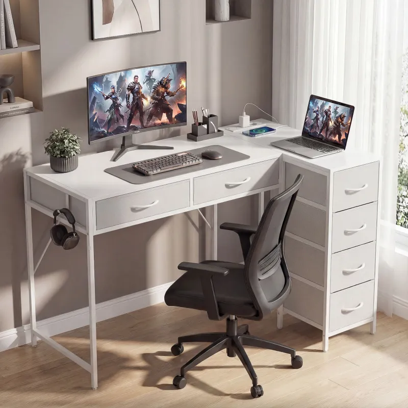 Escritorio Esquinero Reversible con 6 Cajones 126x48 cm con Toma de Corriente Puerto de Carga USB y USB-C Blanco - Ogal.Es