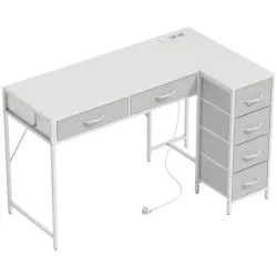 Escritorio Esquinero Reversible con 6 Cajones 126x48 cm con Toma de Corriente Puerto de Carga USB y USB-C Blanco - Ogal.Es