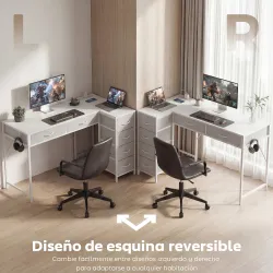 Escritorio Esquinero Reversible con 6 Cajones 126x48 cm con Toma de Corriente Puerto de Carga USB y USB-C Blanco - Ogal.Es