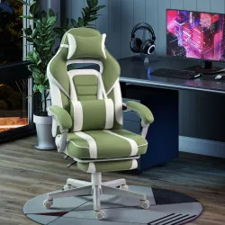 Silla Gamer Reclinable con Altura Ajustable Reposapiés Retráctil Soporte Lumbar y Reposacabezas Desmontable Verde - Ogal.Es