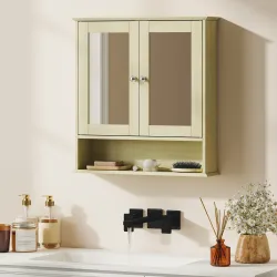 Armario de Baño con Espejo Armario de Pared con 2 Puertas Estante Abierto Estante Ajustable 56x13x58cm Natural - Ogal.Es