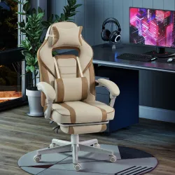 Silla Gamer Reclinable con Altura Ajustable Reposapiés Retráctil Soporte Lumbar y Reposacabezas Desmontable Crema - Ogal.Es