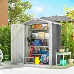Cobertizo de Jardín Exterior 1,1 m² 136x87x178 cm con 2 Puertas Abatibles Techo a Dos Aguas y Guantes Gris Plateado - Ogal.Es