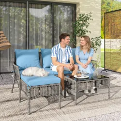 Conjunto de Jardín Exterior de Ratán con 1 Sofá de 2 Plazas 1 Sofá Esquinera y 1 Mesa de Centro Tablero de Vidri... - Ogal.Es