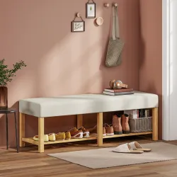 Banco Zapatero con Asiento Acolchado 2 Personas Estante Abierto Marco de Madera 140x44x48 cm Crema y Madera Natural - Ogal.Es